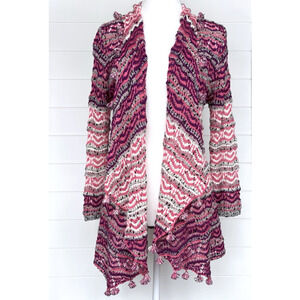 Moth Anthropologie Open Knit Cardigan Sweater Pom Pom Fringe Draped Pink Boho M